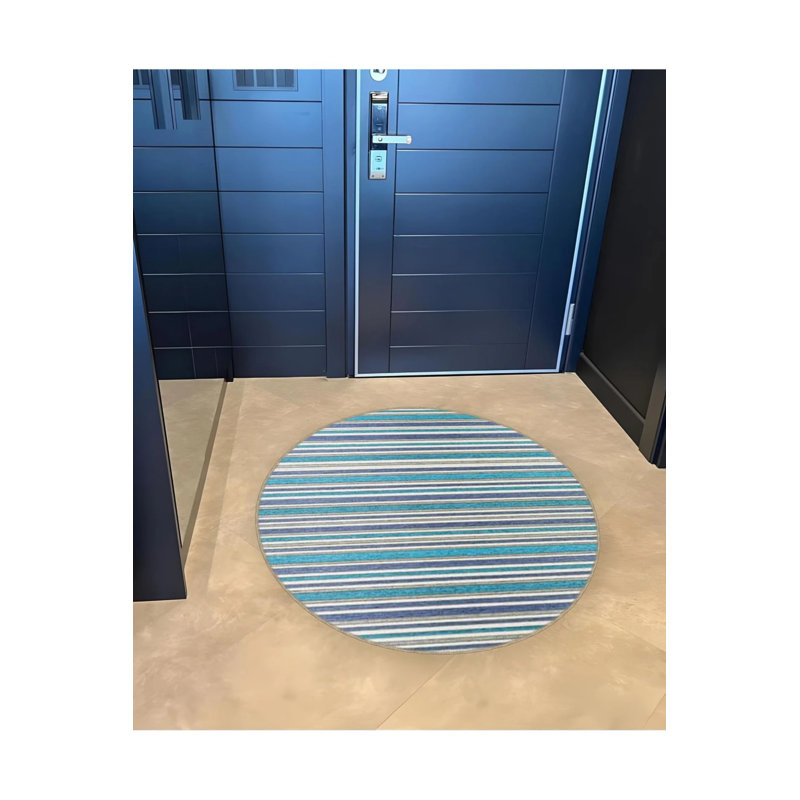 Blue Green Line Detailed Woven Base Modern Decorative Carpet, Round 3'4"