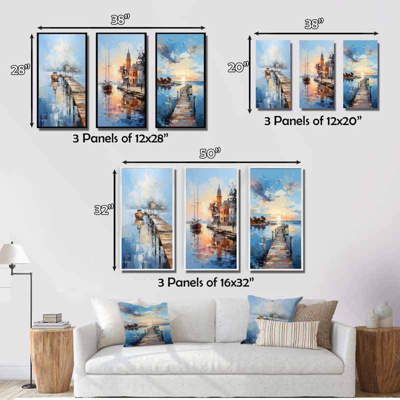 «Pier and Dock Nautical», 3 pièces sur toile, Cadre flottant noir, H 20 po x l 36 po