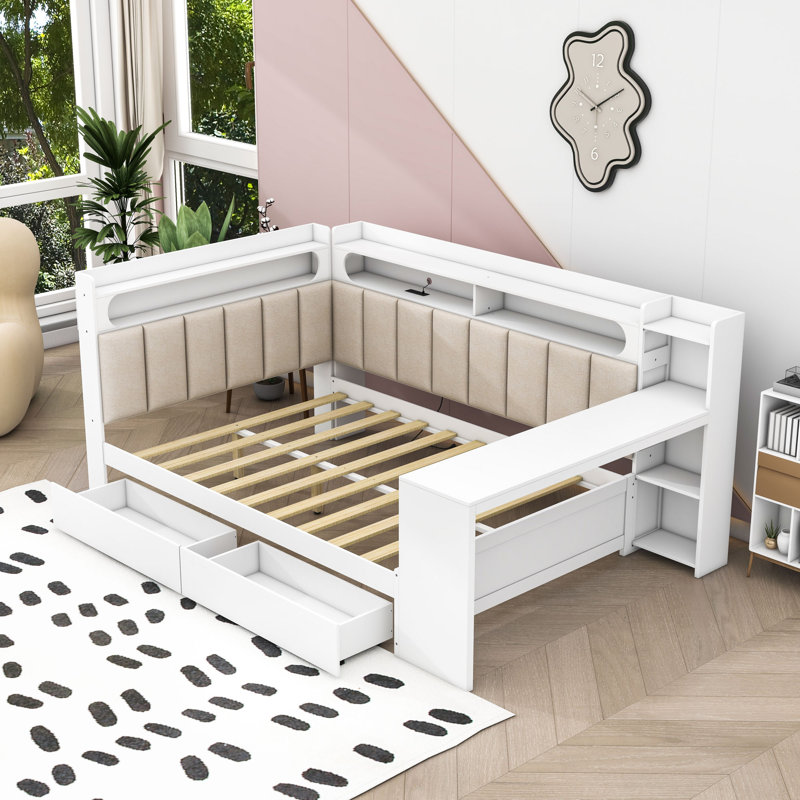 Full Daybed with Shelves,Drawers,LED Light and Desk, Whtie