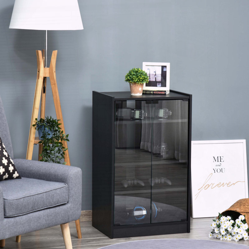 Meuble multimédia à 5 niveaux avec portes en verre trempé, Noir patiné
