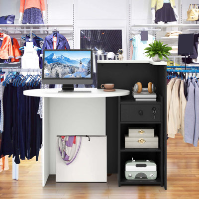 Front Reception Counter Desk Checkout Office Desk With Open Shelf & Lockable Drawer
