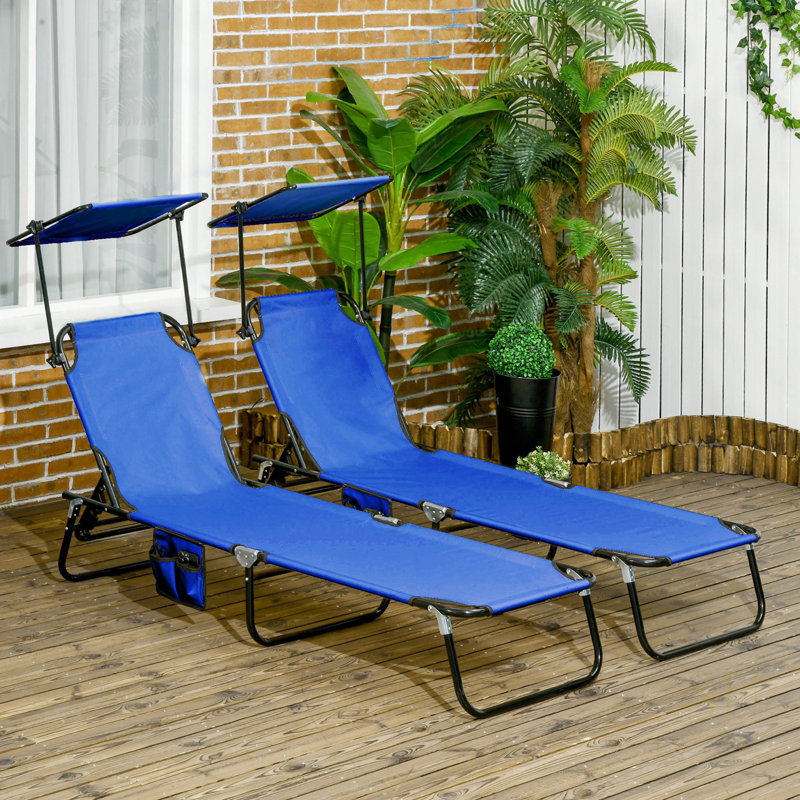 Chaises longues pliantes avec abat-jour, dossier inclinable et poche latérale pour une détente en plein air, Bleu