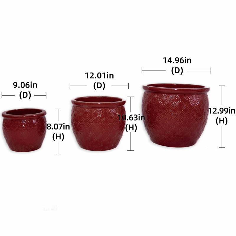 Set of 3 Ceramic Flowerpots, Modern Planters for Patio, Garden, and Windowsill - Glossy Finish, Bean Paste Red