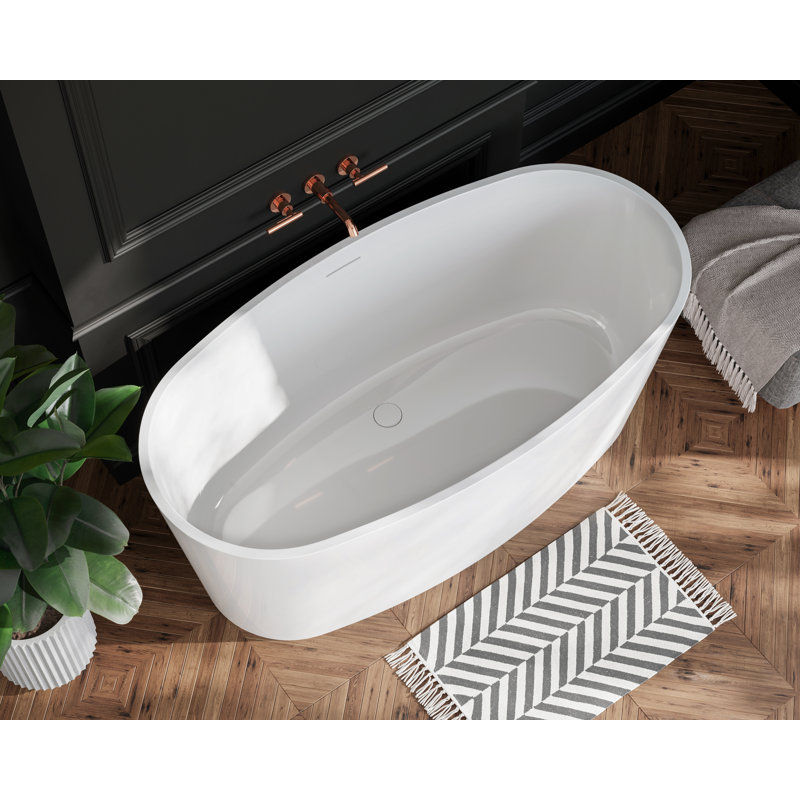 Ove 59.25" x 30” Freestanding Soaking Solid Surface Bathtub with Wetmar Bio, White Glossy