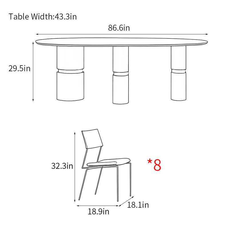 Light luxury modern high-end dining table sets, 29.5"H x 86.6"L x 43.3"W