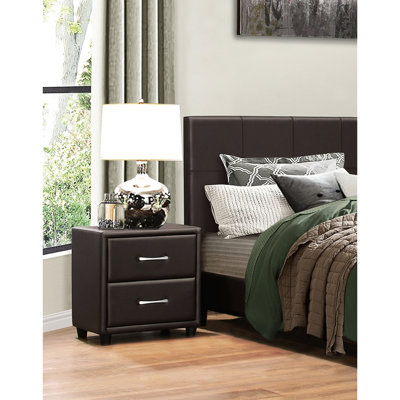 Table de chevet 2 chambres en similicuir brun foncé avec poignées à barre argentées Cuir de style contemporain, 2 tiroirs et accessoires
