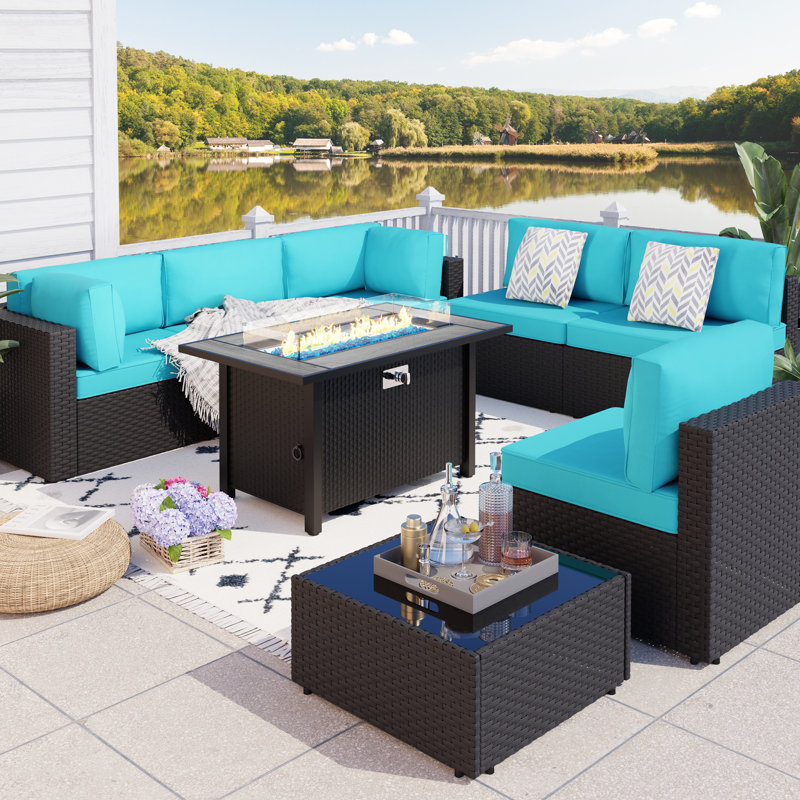 Ensemble de salon de jardin Bushrah pour 6 personnes avec coussins et table de foyer, Bleu, Noir