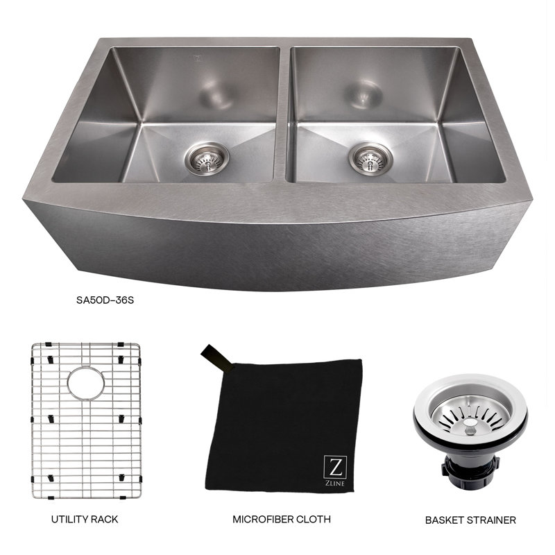 DuraSnow® ZLINE 36" Niseko Farmhouse Apron Mount Double Bowl Fingerprint Resistant Stainless Steel Kitchen Sink with Bottom Grid