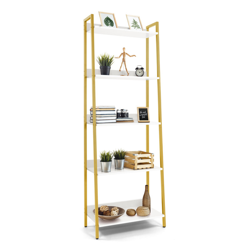 CAPHAUS  Ladder Bookshelf, Bookcase Shelf Storage Rack Organizer, White/Gold