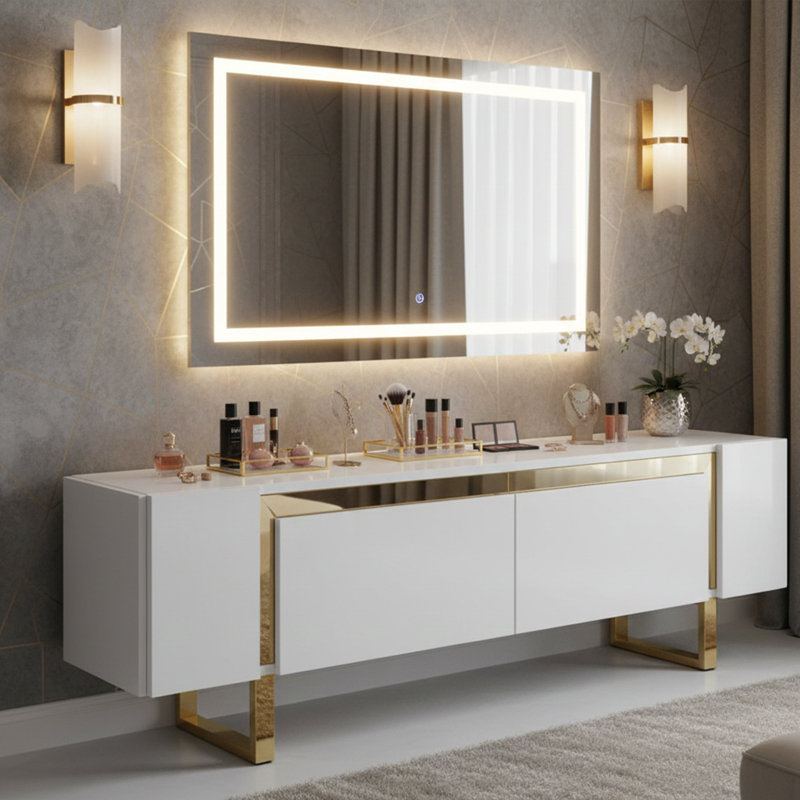 Metal Legs Unique TV Stand For Tvs Up To 78'' With Reflective Stripe, White/Gold