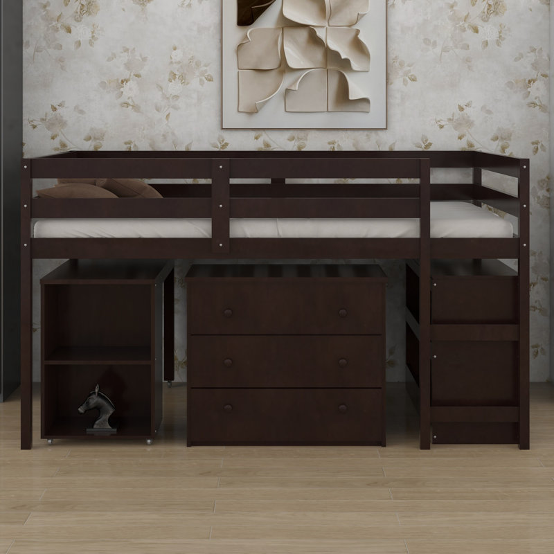 Lit mezzanine bas peu encombrant avec rangement et bureau mobile sur roulettes, Espresso