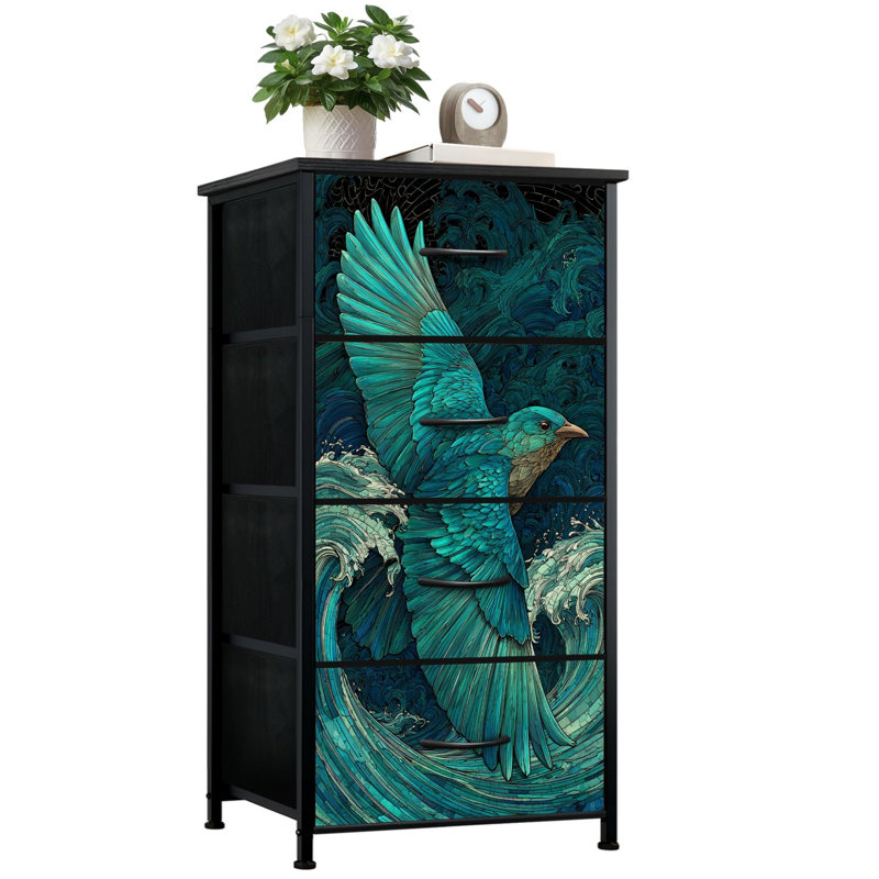 Commode vitrail pour la chambre à coucher avec 4 tiroirs de rangement Commode à panneaux en verre coloré turquoise et oiseaux