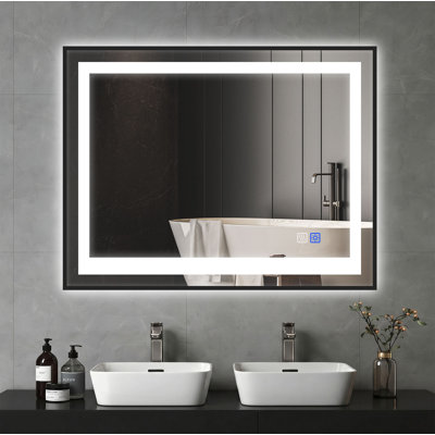 Black Framed LED Bathroom Mirror Featuring Front-Lit and Backlit Illumination, Anti-Fog Wall Mounted Vanity Mirror with Dimmable 3-Color Lighting and Memory Function