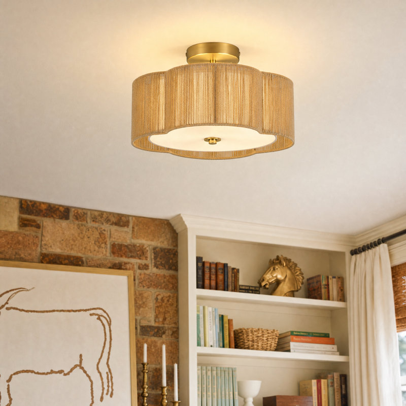 13" 3-Light Fabric Semi Flush Mount Ceiling Light in Brushed Brass, Brushed Brass