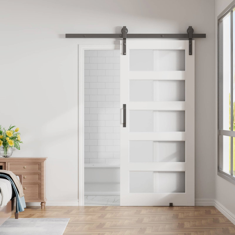 Porte de grange coulissante intérieure en verre trempé givré 42 po x H 84 po x 5 po avec quincaillerie et surface en PVC résistant aux rayures