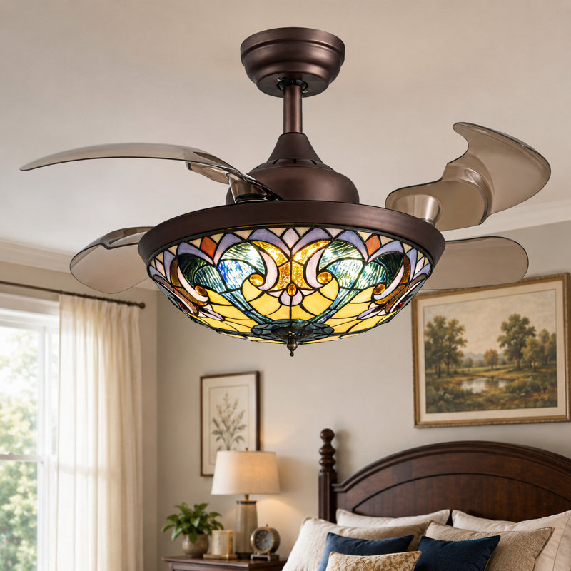 Ventilateur de plafond 36 pouces de style Tiffany avec lumières, Fandelier rétractable à intensité variable avec télécommande et 6 vitesses