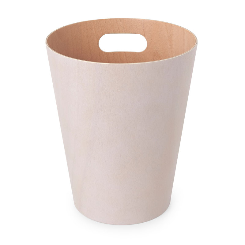 White and Natural Wood Bathroom Trash Can with Handles
