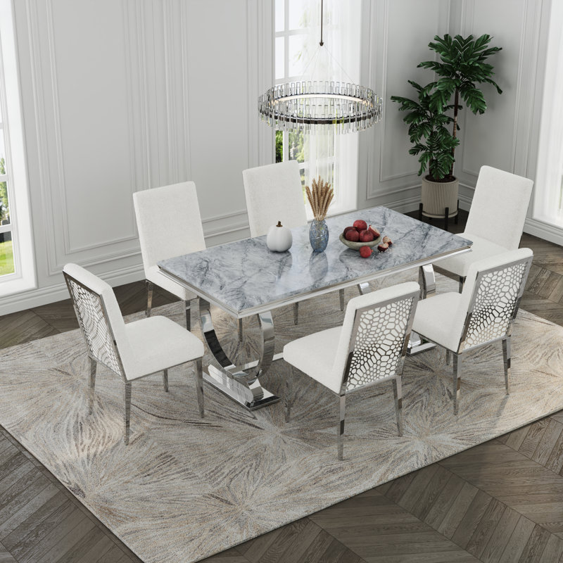 Ensemble de table de salle à manger 72 pouces avec chaises blanches Boucle, 7, Argent