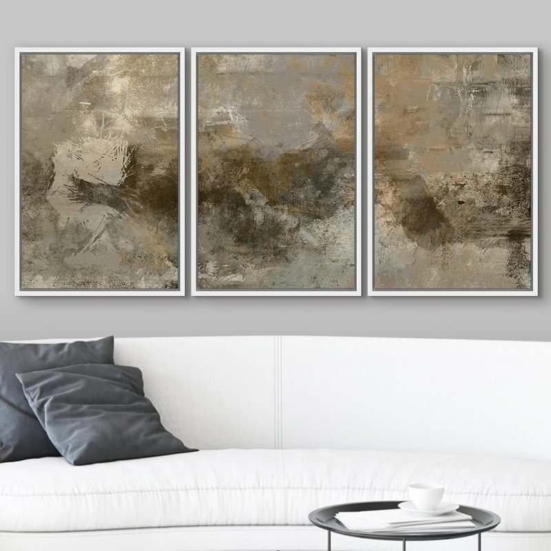 «Grunge brun et gris», 3 pièces, Cadre flottant blanc, H 36 po x l 72 po
