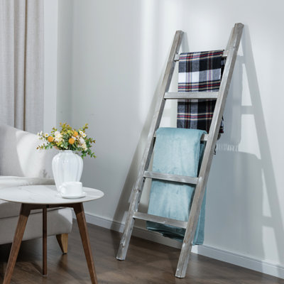 54-Inch Whitewashed Wood Blanket Ladder – Fully Assembled 5-Tier Wall-Leaning Towel Rack for Living Room or Bathroom