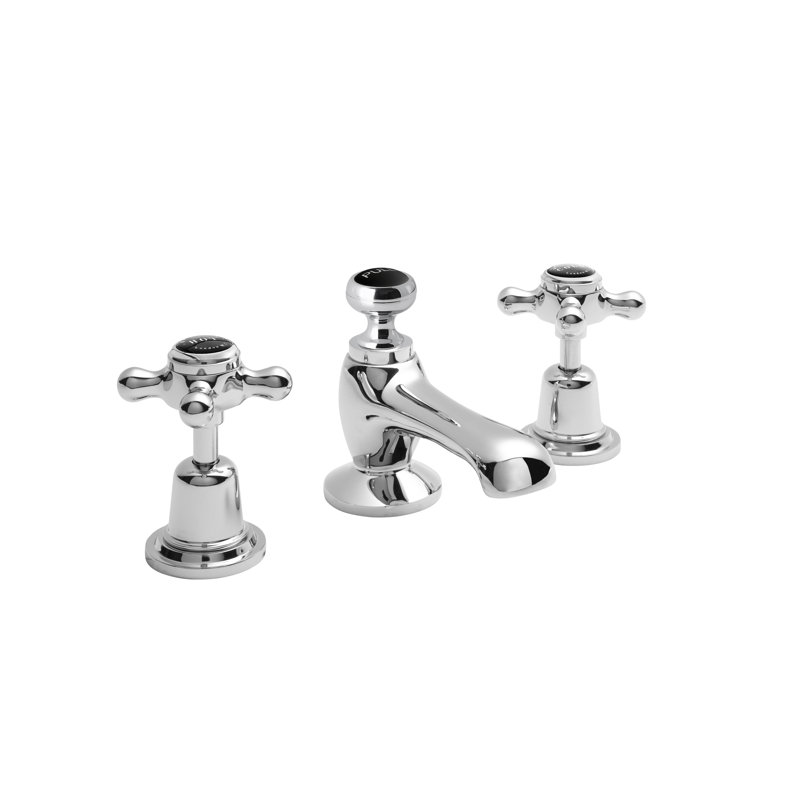 Solid Brass 3 Hole Deck Pillar Taps with Waste, Black
