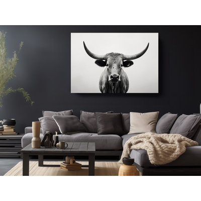 Gros plan sur une photo du Texas Longhorn en noir et blanc sur toile, reproduction d'art sur toile