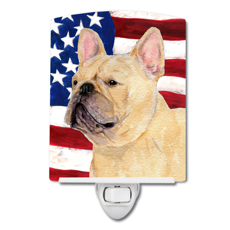 Drapeau américain avec éclairage en céramique terrier fox american, Bouledogue français beige