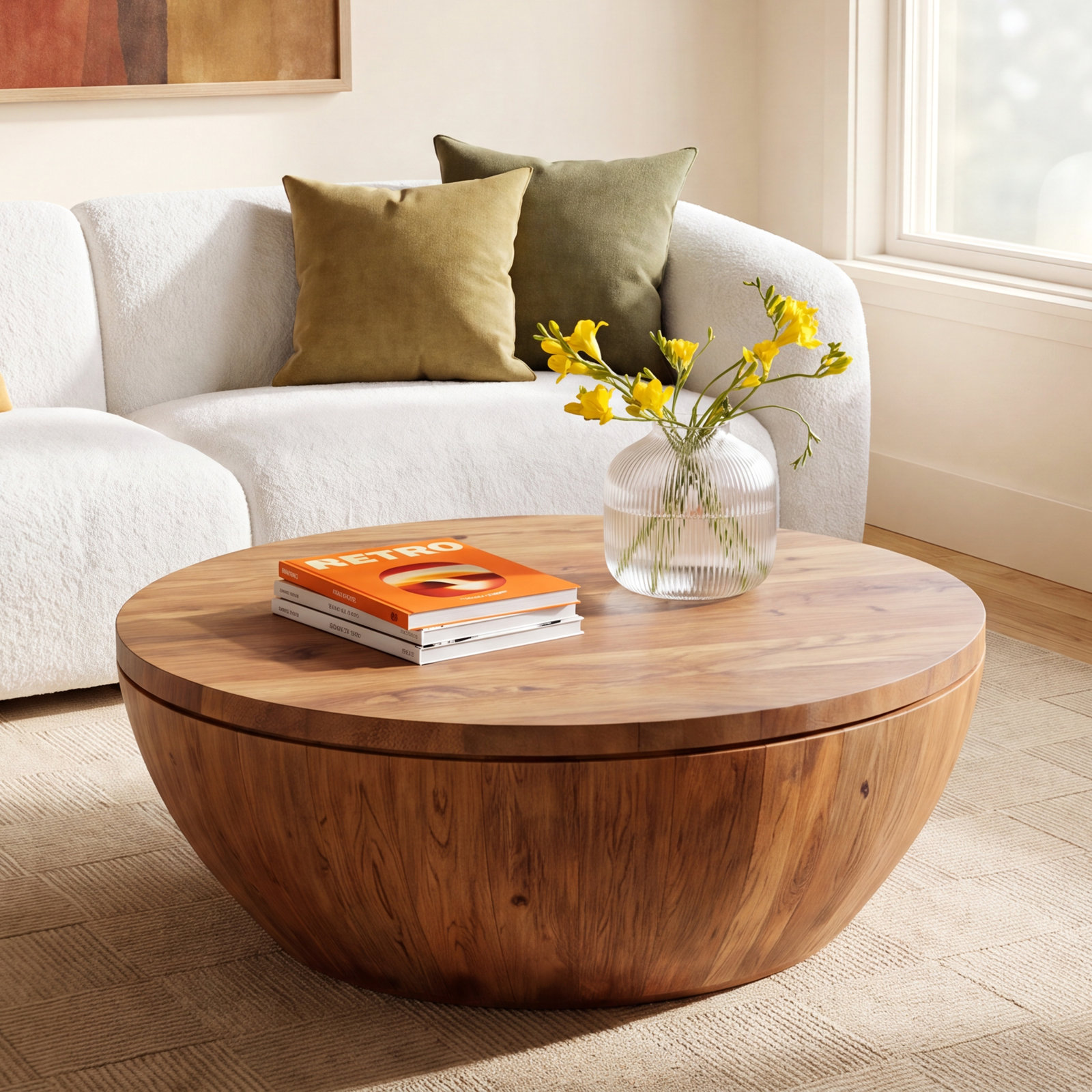 Buchanan 36" Acacia Drum Coffee Table with Storage