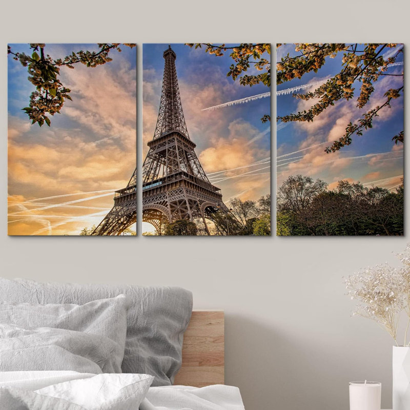 Eiffel Tower with Spring Tree in Paris France Modern Photo Home Art Framed, Wrapped Canvas, 24" H x 48" W