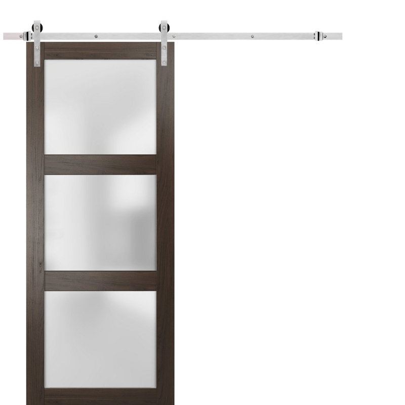 Porte de grange robuste en verre dépoli Lucia 2552, couleur frêne chocolat, rail de 2 m (6,6 pi), quincaillerie lourde, porte intérieure à panneau plein, 91,4 cm x 203,2 cm (36 po x 80 po), rail argenté.