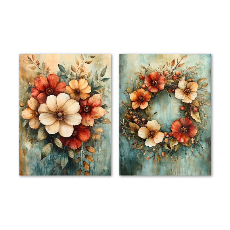 «Farmhouse Wreath», ensemble de 2 reproductions d'art mural en métal botanique, 32" H x 48" W