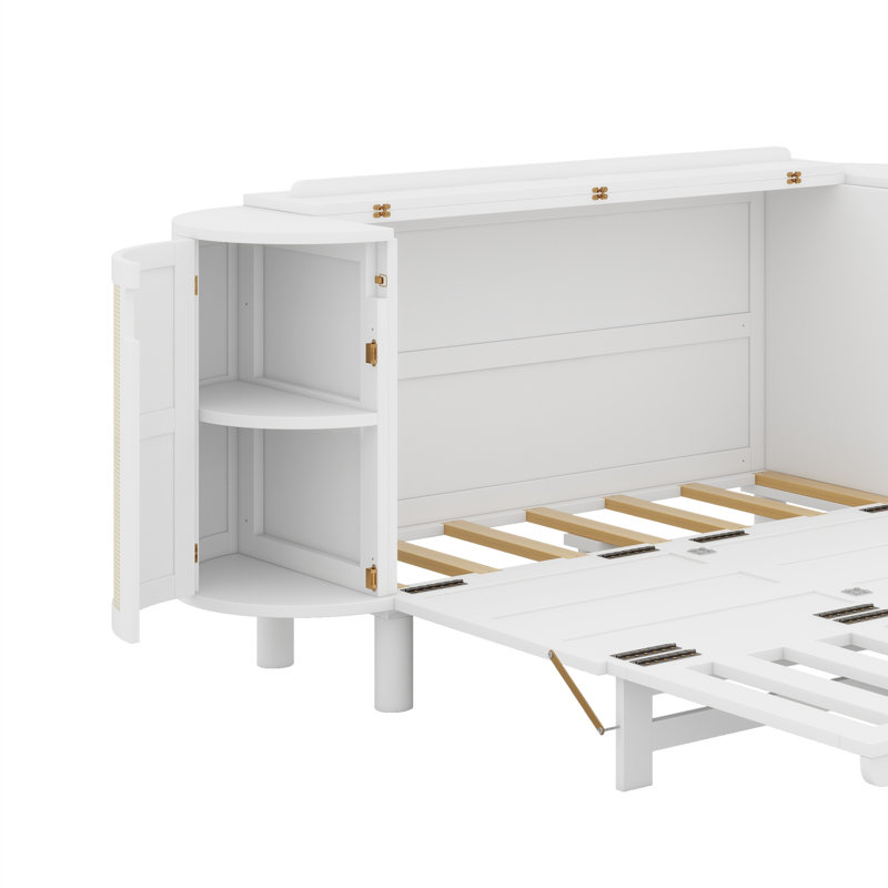 Lit escamotable avec rangement caché et motif tissé moderne, Blanc, Grand lit