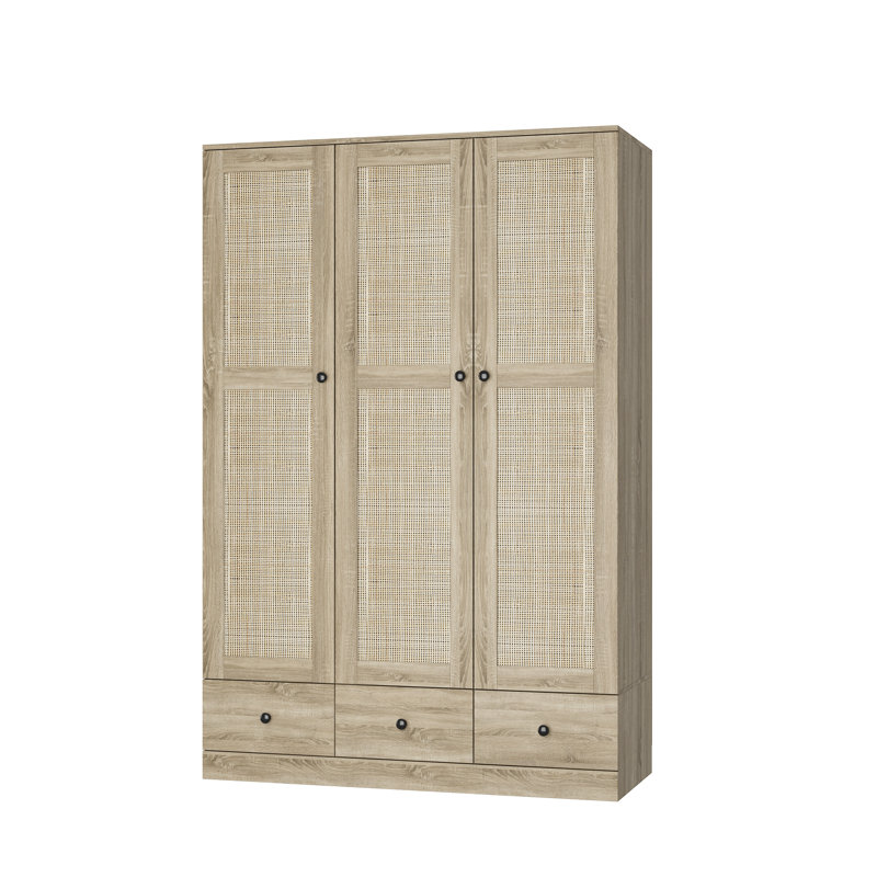 Modern 3-Door Wardrobe With Rattan Panels, Spacious Drawers, And Adjustable Shelving For Bedroom Organization