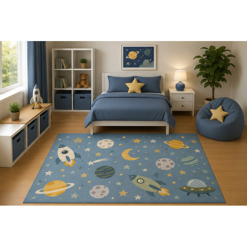 Tapis ultra-léger pour enfants 5 pi x 7 pi «Rocket Galaxy Space», caricature de planètes, étoiles de la lune, espace, chambre à coucher, salle de jeux, décor de chambre de bébé