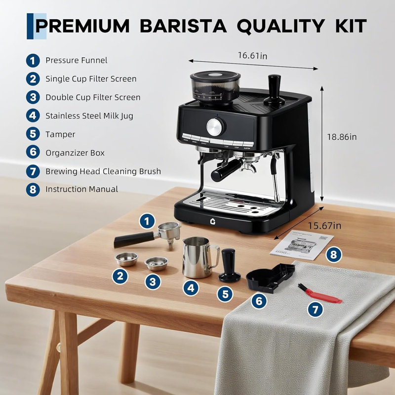 Espresso Machine, With Grinder, 1.5L Removable Water Tank, Black