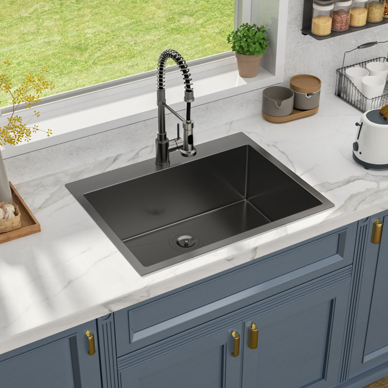 30" L x 22" W Drop-in Kitchen Sink 16 Gauge Stainless Steel Kitchen Sink Topmount Single Bowl Sink, Black