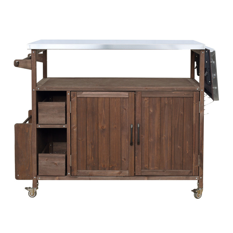 54.33" Farmhouse Rolling Outdoor Kitchen Cart, Solid Wood Frame With Stainless Steel Top, Spice Rack, Towel Rack, Lockable Wheels & Multi-Functional Storage For Patio, Backyard Bbq & Kitchen