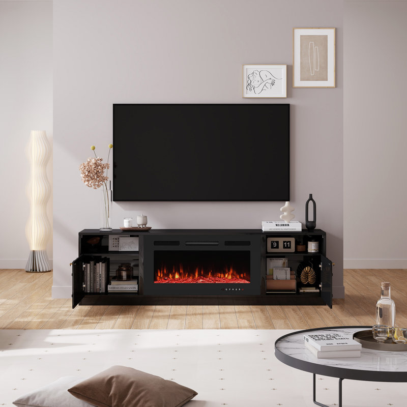 Araneli 70'' W Storage TV Stand with 36" Electric Fireplace, Black