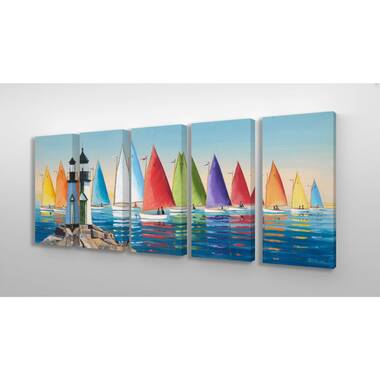 Rainbow Sails Sailboat Ocean On Canvas 5 Pieces Print