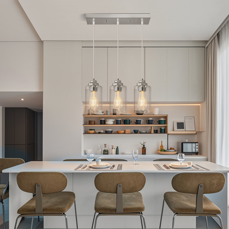 3-Light Industrial Kitchen Island Transparent Glass Pendant Light, Chrome