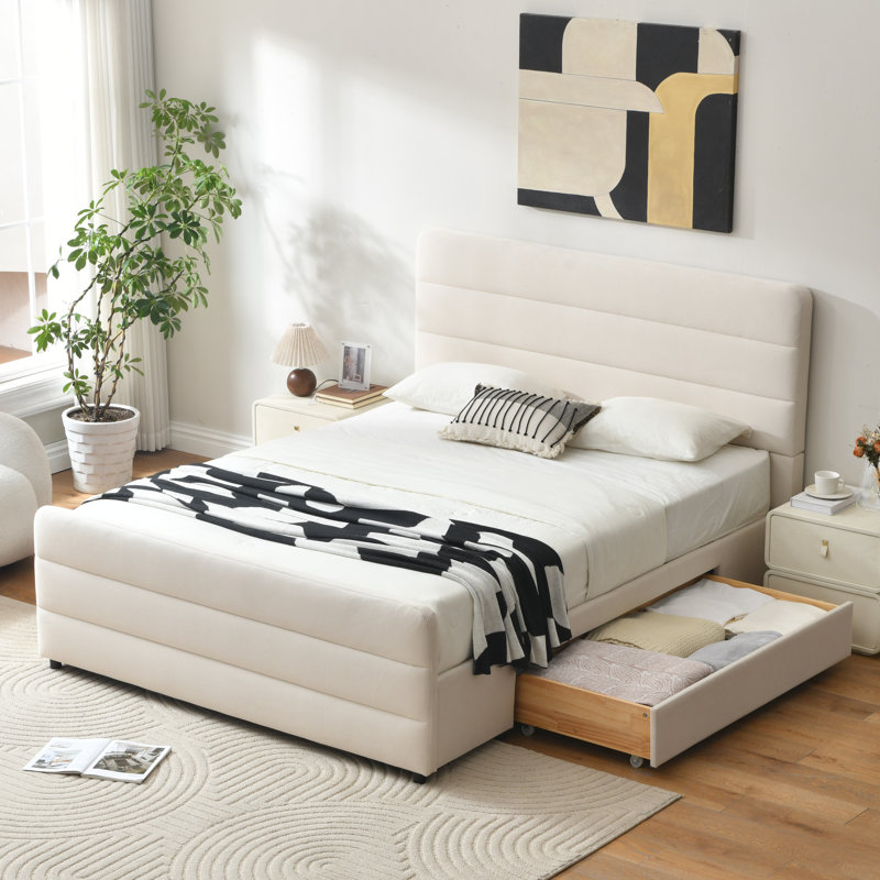 Lit plateforme tapissier luxueux avec 2 grands tiroirs en bois Braya, beige, grand, Grand, Beige