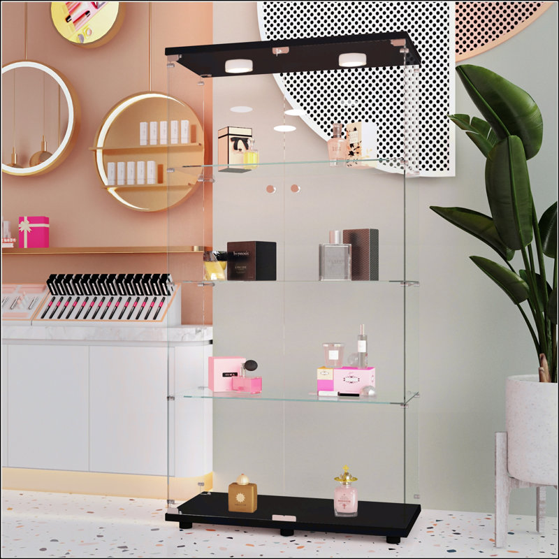 Vitrine en verre trempé avec lumières à changement de couleur, serrures de porte et pieds réglables pour une utilisation polyvalente dans n'importe quelle pièce