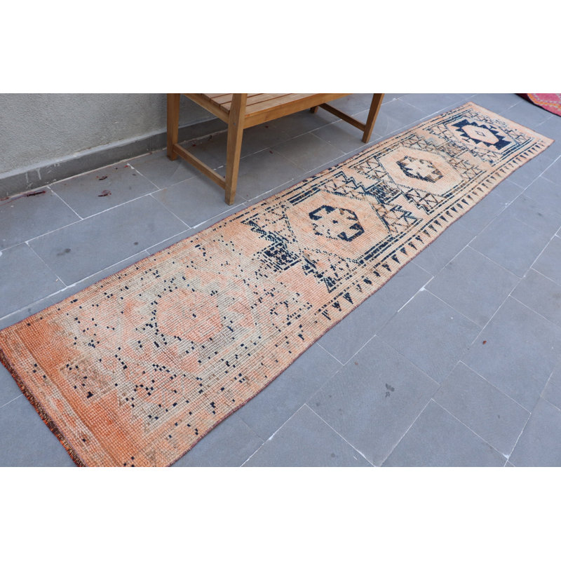 Handmade Turkish Herki Rug in Blue: Vintage Wool Runner for Kitchen and Anatolian Decor