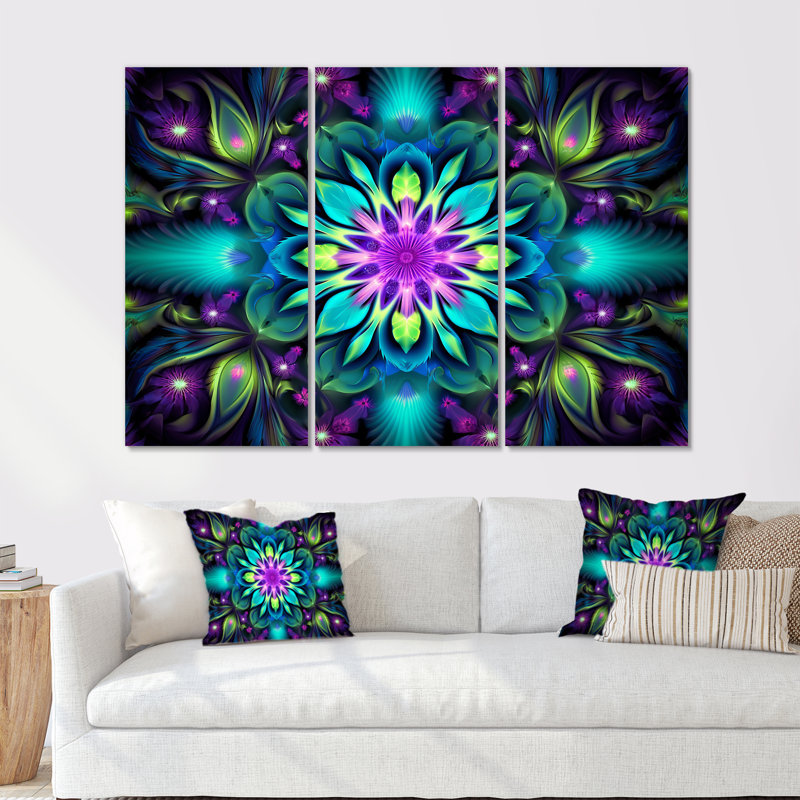 Turquoise néon fractal fleurs II - ensemble de décoration murale mandala boho, Toile tendue, H 28 po x l 36 po x P 1 po
