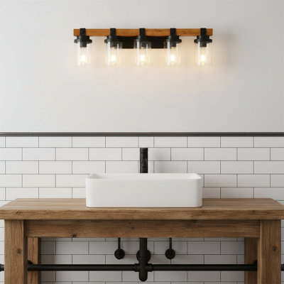 Lampe murale 5 lumières en bois noir mat (avec abat-jour en verre et ampoules non incluses)