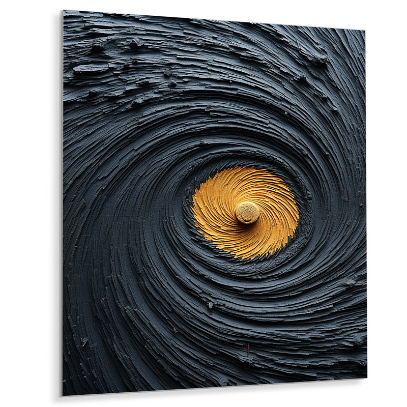 Pierre moderne spirale grise et jaune I - art mural abstrait en spirale en métal, H 20 po x l 12 po x P 1 po