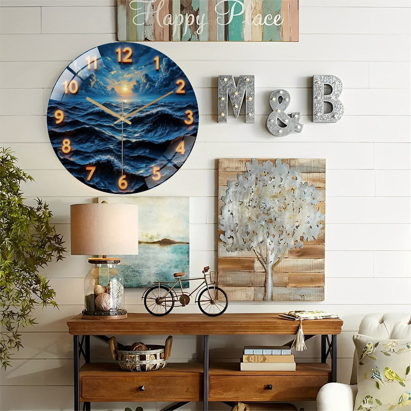 Horloge brillante avec chiffres sur l'océan - horloge murale moderne en verre 12 po