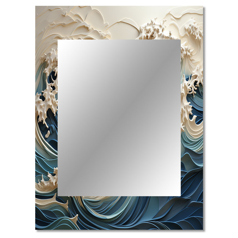 Vague blanche et bleue Papercut Style III - grand miroir mural, miroir décoratif blanc, impression d'art en métal