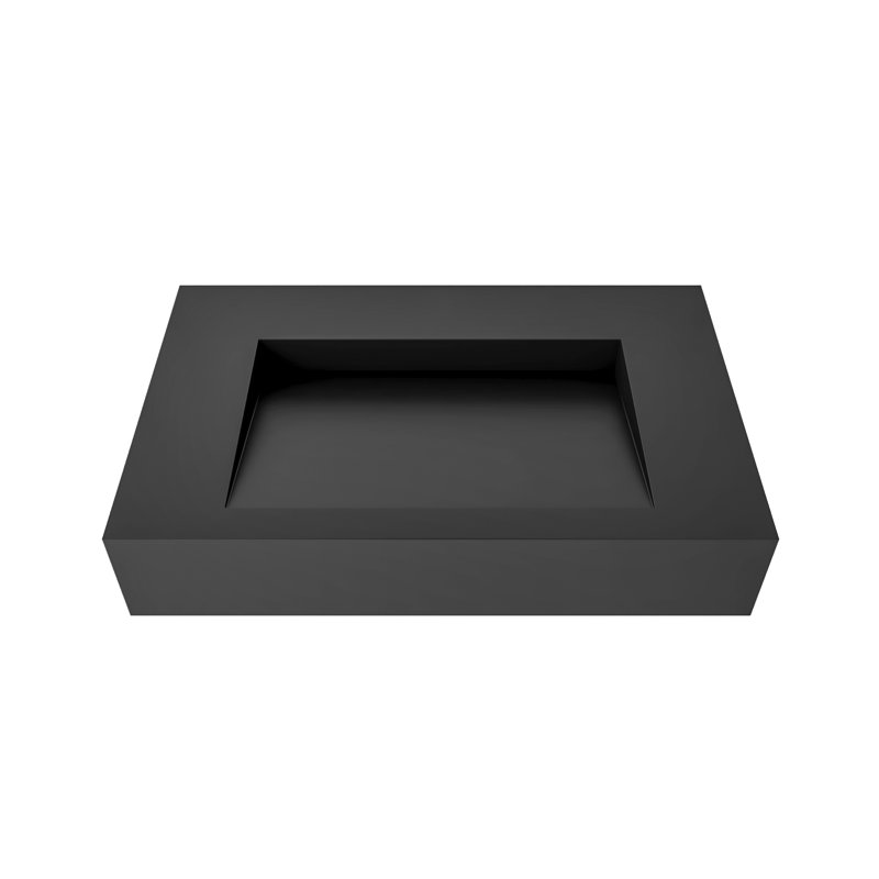 Pyramid 36" Wall Mounted Rectangular Solid Surface Bathroom Sink in Matte Finish - Black, No Faucet Hole, Black, No Hole