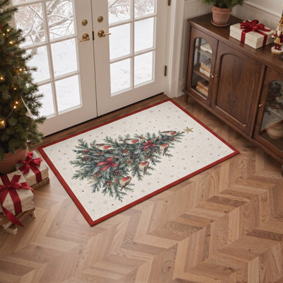 Tapis de salon lavable à poils courts, motif animalier de Noël avec un arbre rempli de rouges-gorges, ivoire et vert